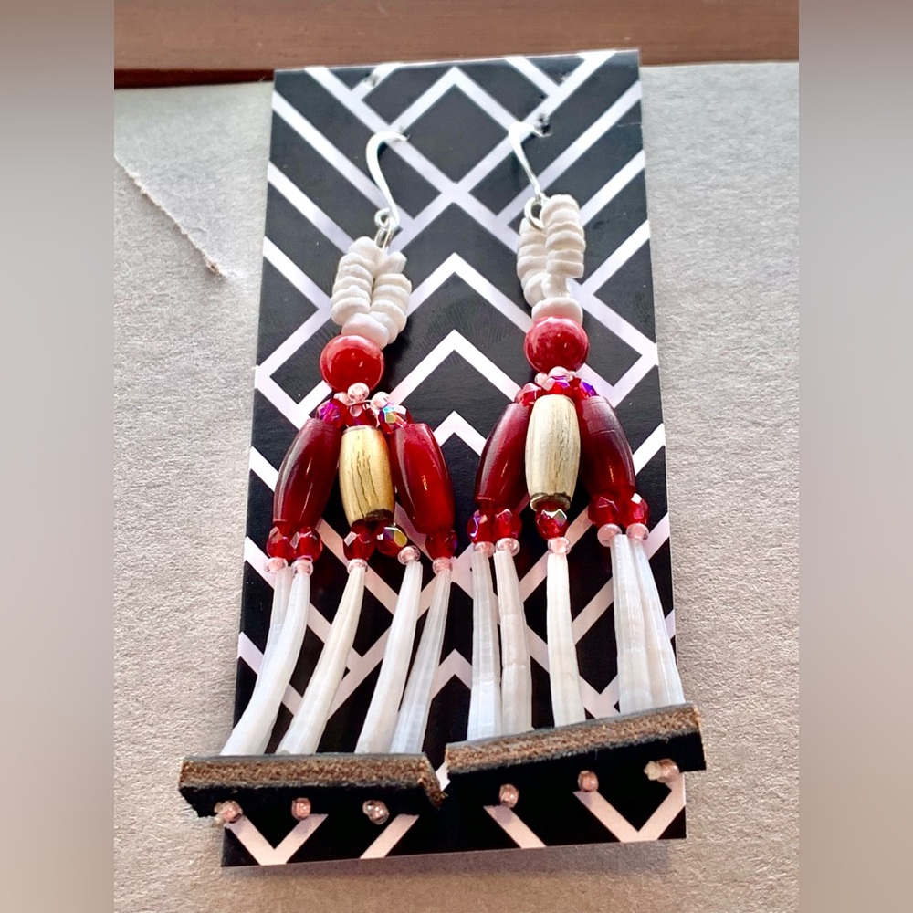 Carnelian and Shell Dentalium and Hair Pipe Sparkly Beaded Dangle Earrings
